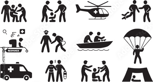 Emergency rescue icons set. Ambulance, rescue team, helicopter, patient, first aid, safety, emergency, healthcare, support, operation, hospital, accident, response, service, medical, treatment, transp