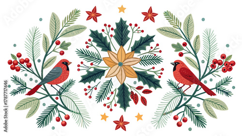 Two cardinals perched on branches with berries and leaves surrounding a poinsettia and stars design silhouette
