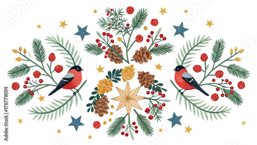 Festive winter arrangement with bullfinches pine cones berries and stars on a white background view silhouette