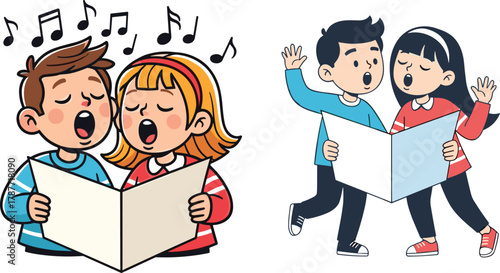 Happy kids singing together with music notes, children choir performance, cartoon illustration of joyful school students learning song harmony together