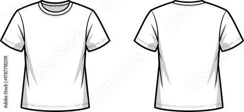 Flat sketch of plain white short sleeve t-shirt front and back view with crew neckline, realistic folds, vector fashion illustration