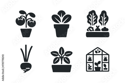 Garden icons set with plants and greenhouse