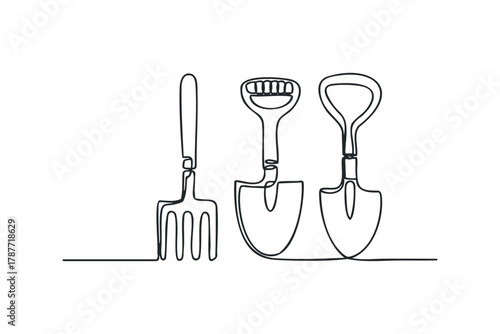 Line art of gardening tools including fork and trowel