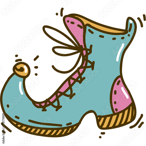 Christmas illustration of a Santa’s elf’s boot.
Fun cartoon stile sticker in 70-s retro color palette.