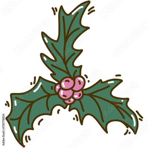 Holly tree leafs and berries isolated Christmas illustration. Cartoon stile sticker in 70-s retro color palette.