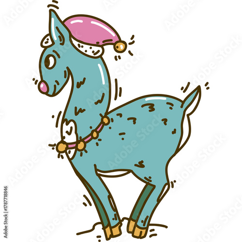 Reindeer cartoon stile sticker in Christmas hat and jingle bells. Funny isolated Christmas character illustration. 