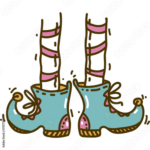 Christmas illustration of a Santa’s elf legs in boots.
Fun cartoon in 70-s retro color palett.