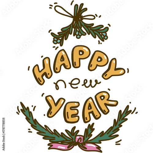 Happy new year greeting illustration with floral elements, isolated on transparent background. Fun cartoon stile sticker in 70-s retro color palette.