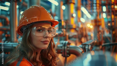 Woman wearing safety helmet and goggles in industrial setting.