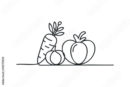 Outline drawing of fresh carrot and bell pepper on white
