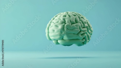Single pale green brain suspended in air against a solid light blue background with subtle shadows below.