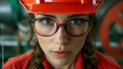 Person wearing safety helmet and glasses looking forward with industrial machinery background reflecting workplace protection.