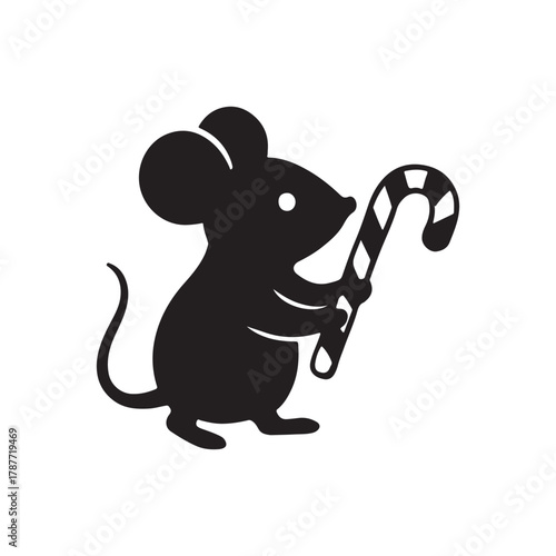 Black vector icon of a little mouse holding a sweet candy cane. A minimalist and festive animal illustration for Christmas or New Year celebrations