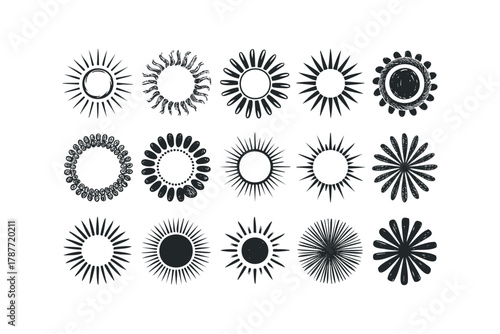 Set of fifteen hand drawn sun shapes