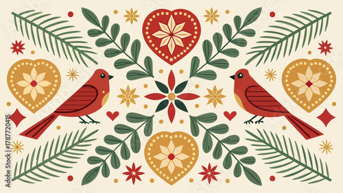 Red birds amidst floral hearts and foliage in a symmetrical folk art style arrangement design pattern silhouette