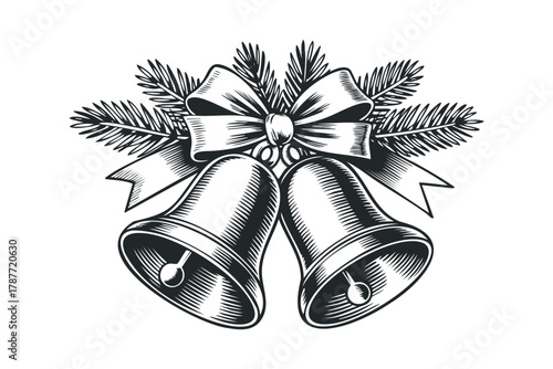 Christmas bells with fir branches and ribbon