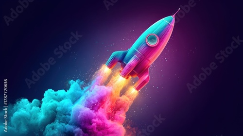 Fototapeta Naklejka Na Ścianę i Meble -  Colorful rocket ship blasting off with vibrant smoke trails against a dark background