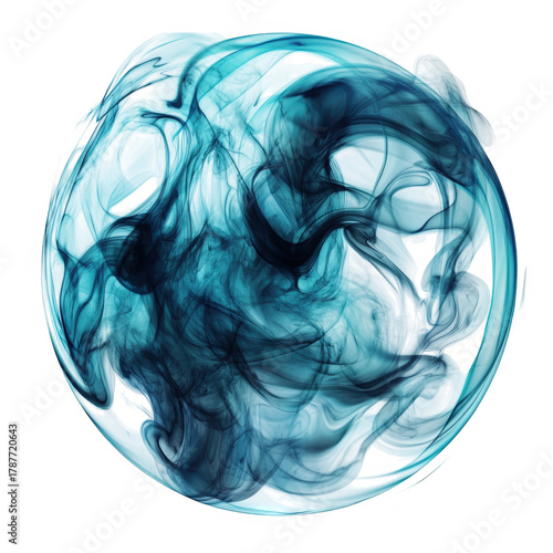 Abstract swirling blue and teal smoke forming a circular shape against a white background. creating a sense of movement and fluidity. ideal for artistic or design projects