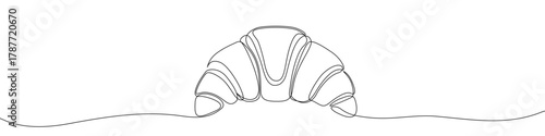 Croissant with yellow fill, drawn with one continuous line. Drawing of French pastry with editable black stroke on white background. Vector illustration.
