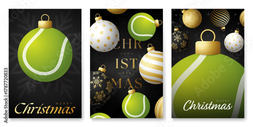 tennis Christmas and New Year posters. Golden Luxury xmas design for xmas party. Minimal art banner, poster, cover templates. Vector illustration