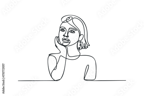 Minimalist line art of a woman with hand on cheek