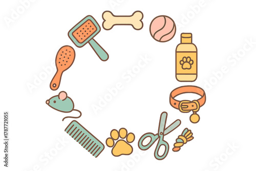Various pet grooming tools and play items arranged in a circular pattern
