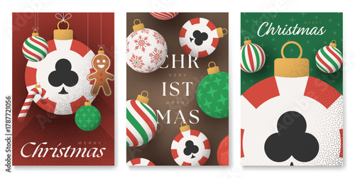 Poker casino Christmas and New Year greeting. Retro xmas posters for xmas party invitation. Minimal art banner, poster, cover templates. Vector illustration