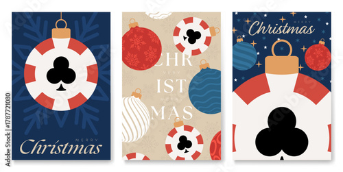 Poker casino Christmas and New Year cards. Set of modern Christmas posters. Flat xmas design for xmas party invitation. Vector illustration Minimal art banner, poster, cover templates