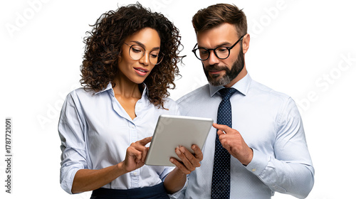 Business Collaboration: Two professionals focused, heads together, examining a tablet with intent, symbolizing collaboration, data analysis, and strategy.