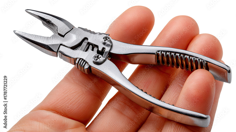 Obraz premium Precision Grip: A hand delicately cradles a compact pair of pliers, showcasing its intricate design and robust build. The tool, an emblem of precision and craftsmanship, is held ready for action.