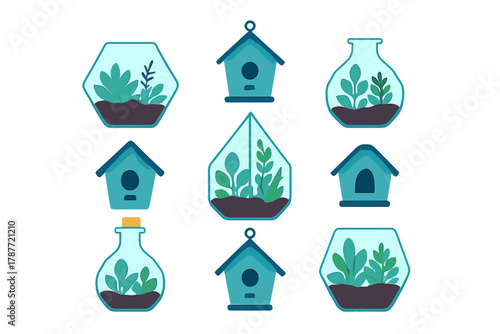 Assortment of birdhouses and geometric glass terrariums with small plants