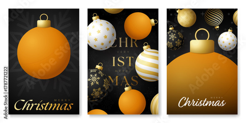 Ping pong Christmas and New Year posters. Golden Luxury xmas design for xmas party. Minimal art banner, poster, cover templates. Vector illustration