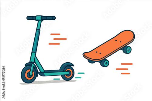 Dynamic icons of electric scooter and skateboard for urban mobility