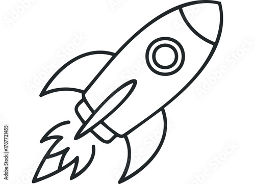 Simple line art rocket flying upwards with flames