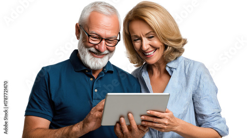 Digital Engagement: An older couple shares a moment, engrossed in a tablet, possibly video calling their grandchildren, and enjoying the convenience of technology in their senior years.