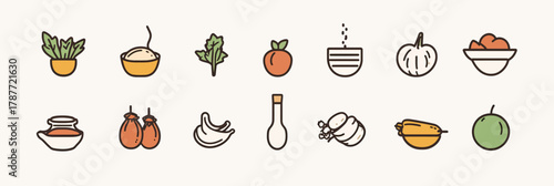 Set of colorful minimalist vector food ingredient icons including herbs, spices, fruits, vegetables, and cooking essentials in flat outline style