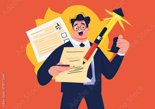 Businessman holding large pencil with checklist and emergency alert siren symbolizing business crisis management and emergency planning concept illustration