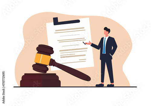 Business lawyer presenting legal document near large gavel and judgment paper in office flat vector illustration