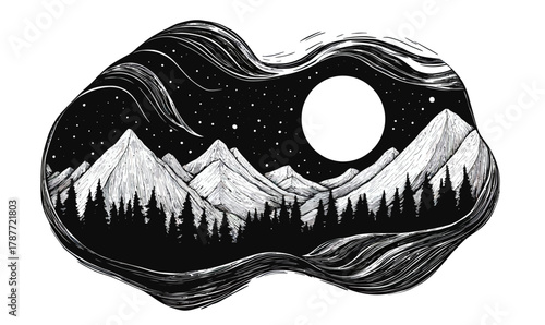 Monochrome black and white vector illustration of mountain landscape with pine forest under full moon and starry night sky in minimalist engraving style