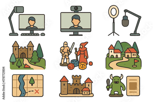 Fantasy role playing game streaming icons and adventure elements collection