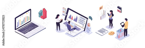 Isometric people analyzing business charts and graphs on laptop and desktop computers with data visualization and financial strategy concepts