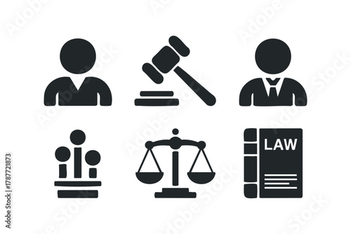 Legal profession icons including judge, gavel, scales of justice, and law book
