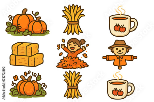 Charming set of autumn harvest icons featuring pumpkins, hay bales, and cider