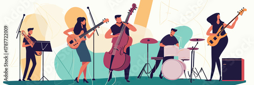 Diverse musical band playing violin, electric guitar, double bass, drums, bass guitar on stage minimal flat vector illustration for concert music event poster invitation design background