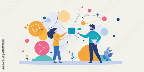 Abstract business people exchanging data digital network connection communication technology flat vector illustration with colorful geometric interface elements and icons