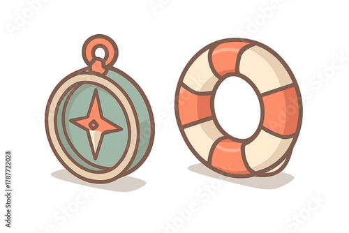 Nautical compass and lifebuoy icons for travel and sea adventure themes