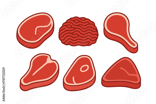 Various raw beef cuts and ground meat icons for food design