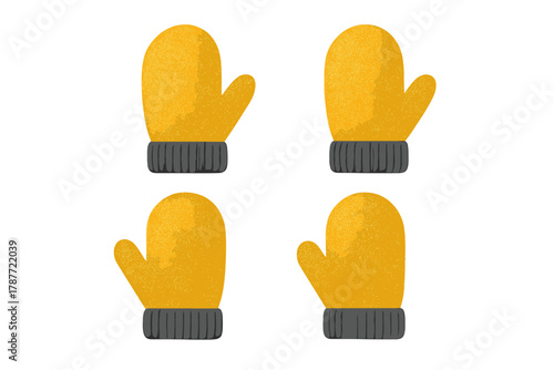 Set of four yellow winter mittens with gray cuffs isolated on white background