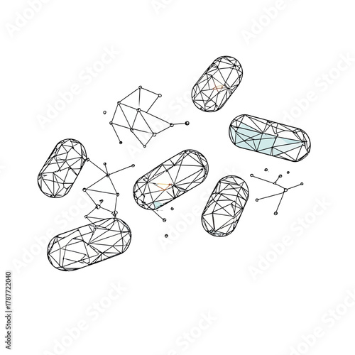 Low poly style vector illustration of capsules and pills with molecular structure connections on white background in minimalist design for medicine health concept