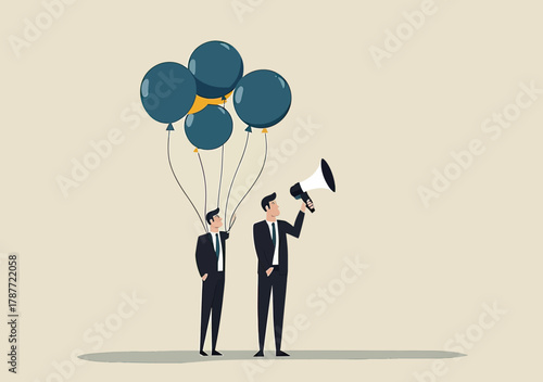 Businessmen in suits with balloons and megaphone communicating announcement or promotion in flat minimalist style vector illustration